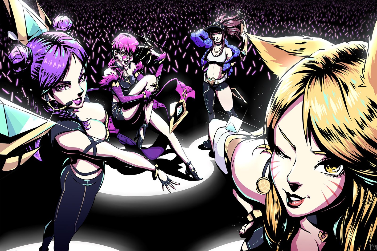 K/DA Akali, Ahri, Kai'Sa & Evelynn by Pablo Gutiérre HD Wallpaper Background Fan Art Artwork League of Legends lol