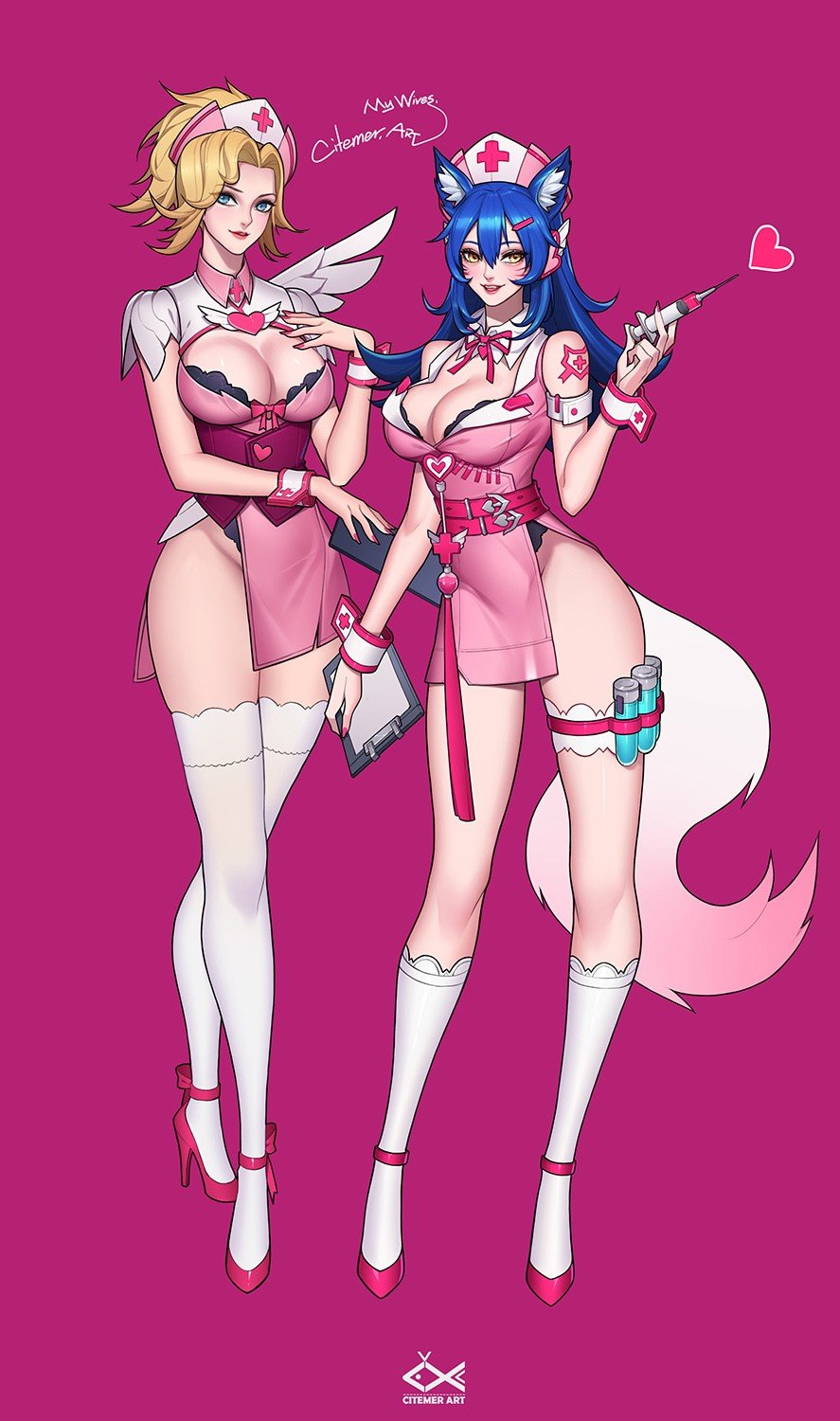 Nurse Ahri & Mercy (pink)by citemer HD Wallpaper Background Fan Art Artwork League of Legends lol