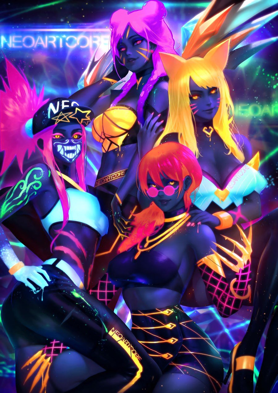 K/DA Akali, Ahri, Evelynn & Kai'Sa by NeoArtCorE HD Wallpaper Background Fan Art Artwork League of Legends lol