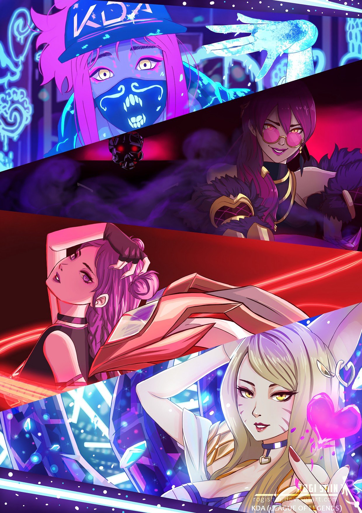 K/DA Akali, Evelynn, Kai'Sa & Ahri by Rogi Shin HD Wallpaper Background Fan Art Artwork League of Legends lol