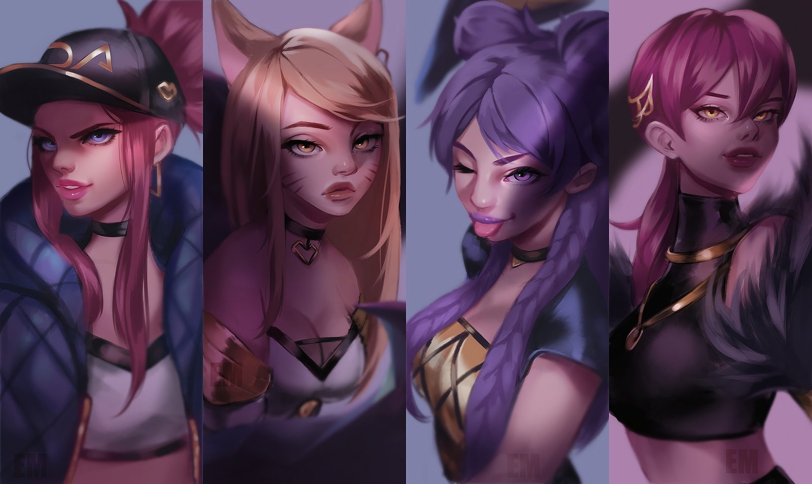 K/DA Akali, Ahri, Evelynn & Kai'Sa by Emily Metlo HD Wallpaper Background Fan Art Artwork League of Legends lol