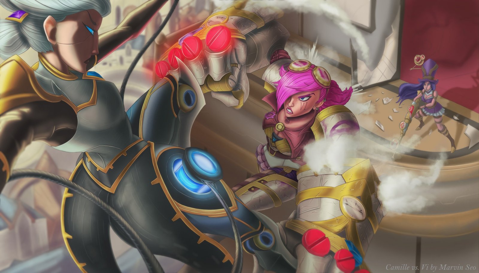 Camille Vs Vi & Caitlyn by Marvin Seo League of Legends Fan Art Artwork Wallpaper lol