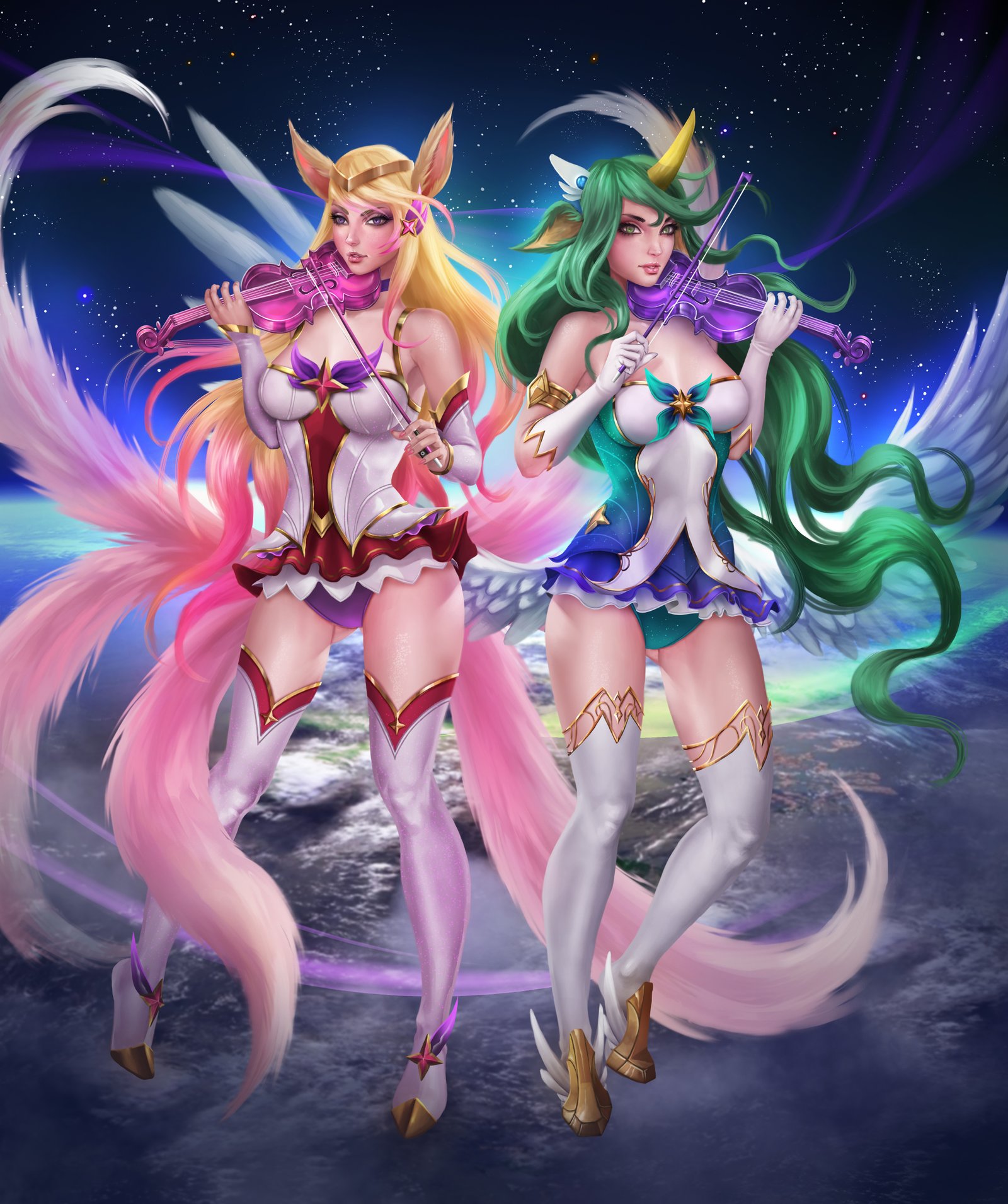 Star Guardian Ahri & Soraka by KitsuneYin HD 4k Wallpaper Background Fan Art Artwork League of Legends lol