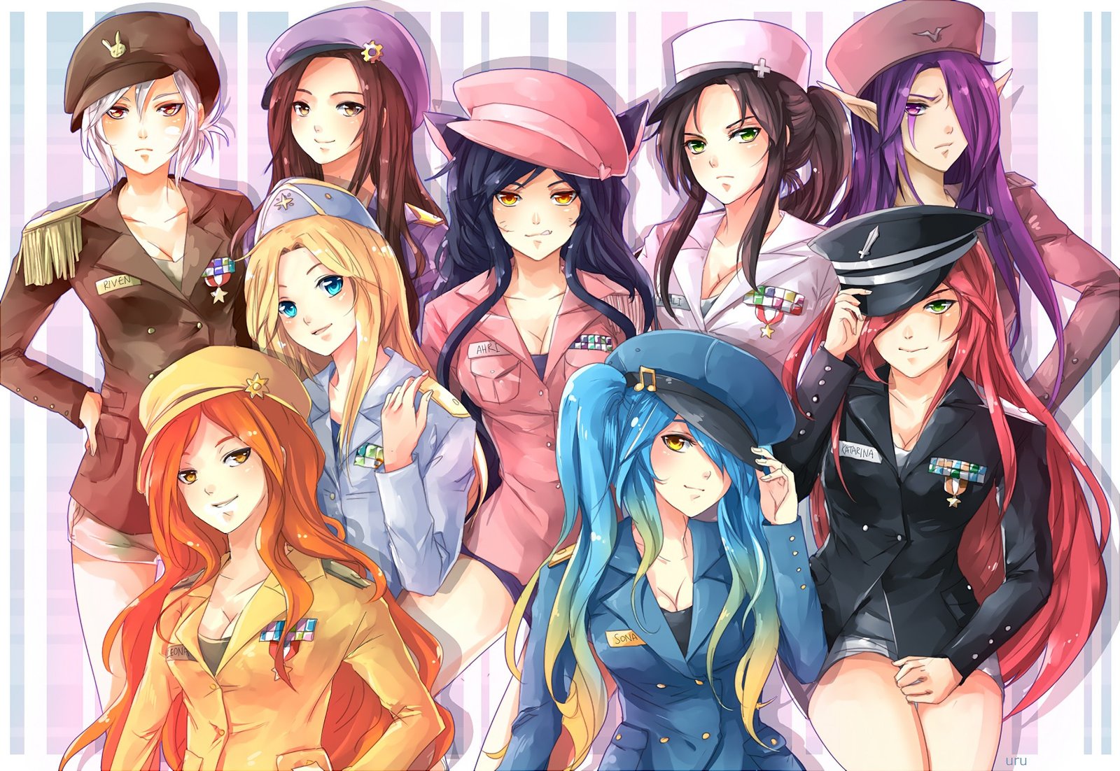 Popstar Riven, Caitlyn, Akali, Ahri, Morgana, Lux, Leona, Sona & Katarina by urusai-baka HD Wallpaper League of Legends Fan Art