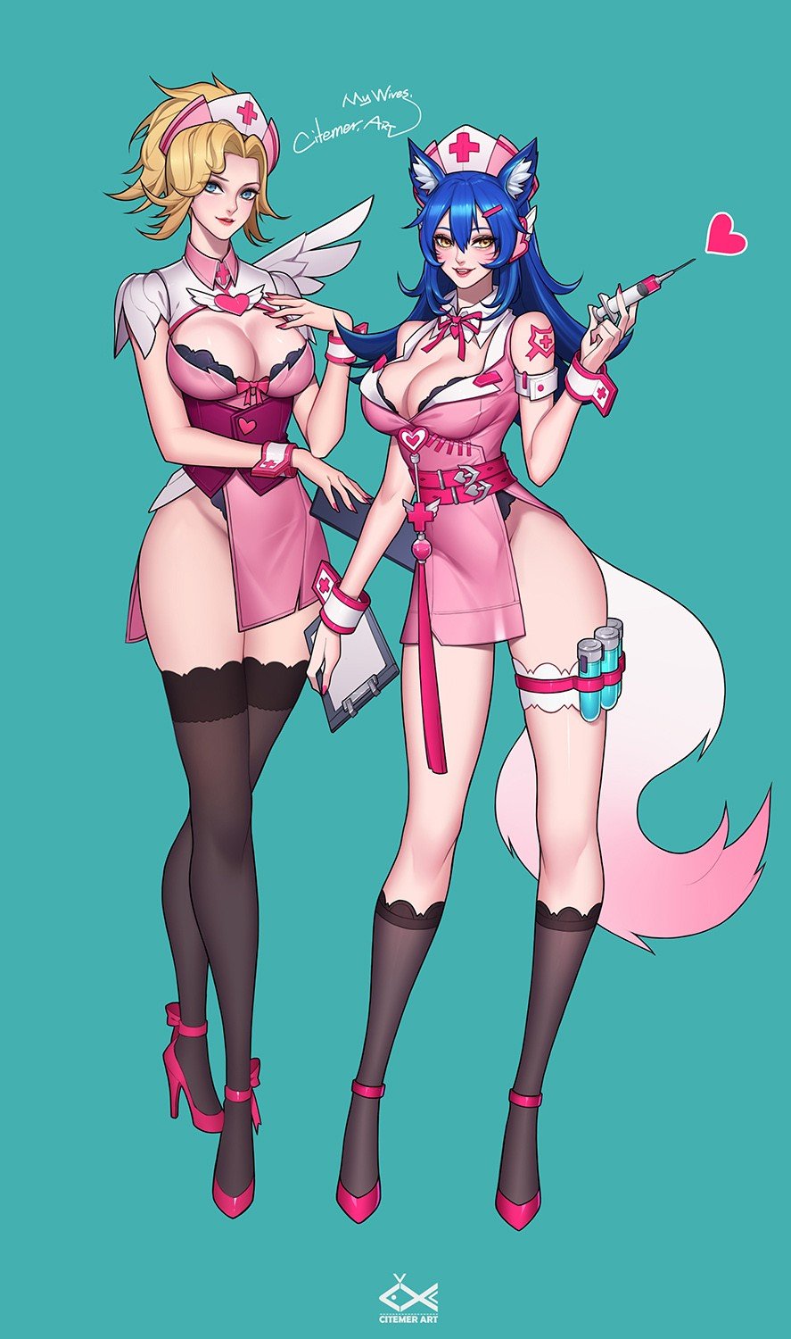 Nurse Ahri & Mercy (green) by citemer HD Wallpaper Background Fan Art Artwork League of Legends lol