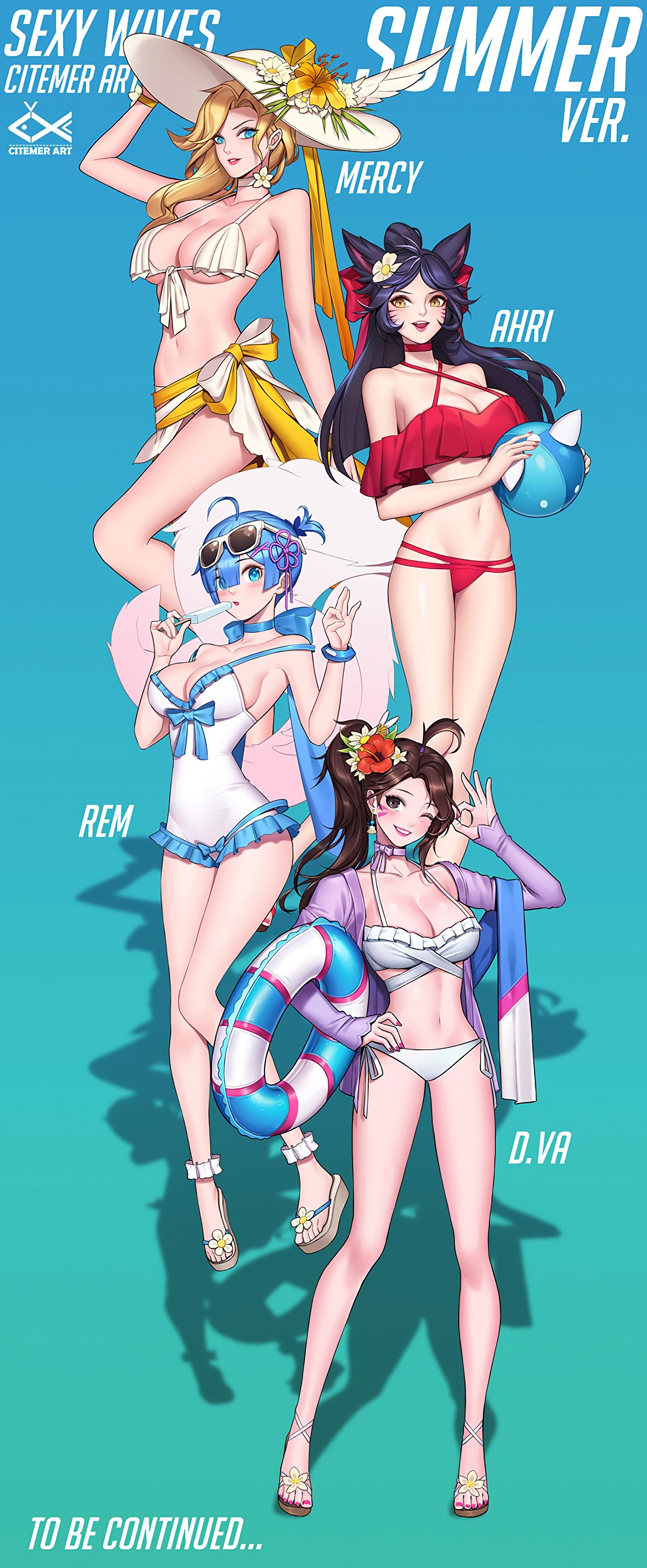 Pool Party Ahri, D.Va, Mercy & Rem by citemer HD Wallpaper Background Fan Art Artwork League of Legends lol