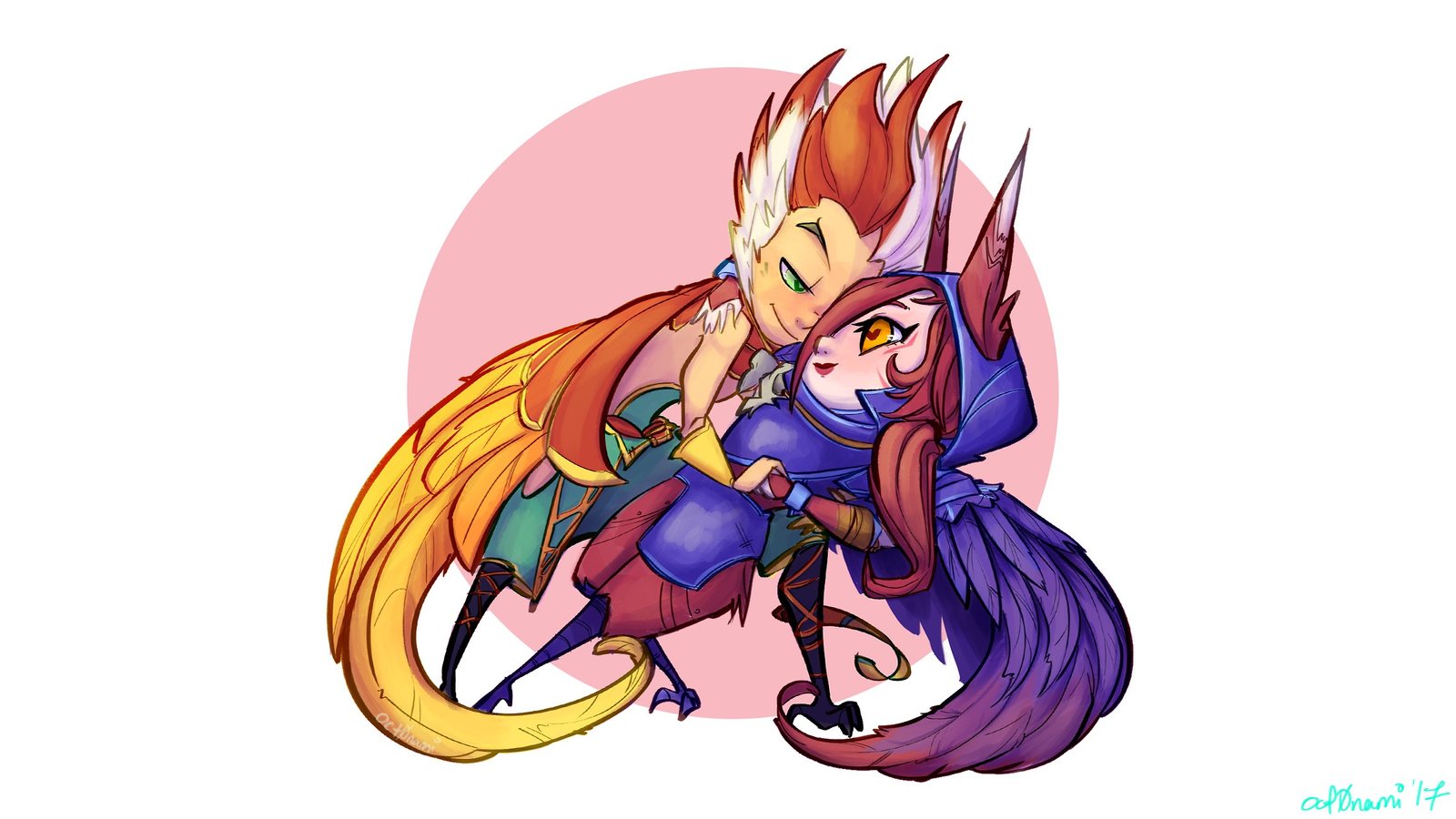Chibi Xayah & Rakan by oct0nami HD Wallpaper Fan Art Artwork League of Legends lol HD Wallpaper Fan Art Artwork League of Legends lol