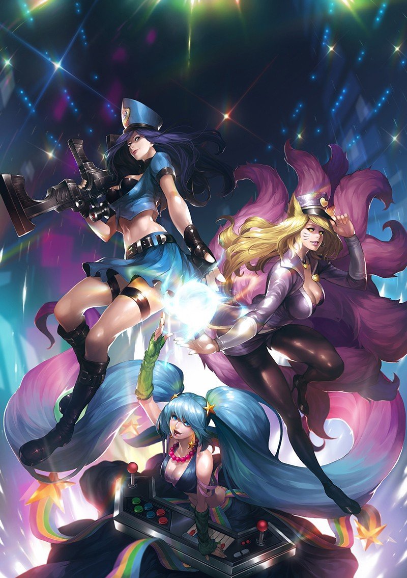 Officer Caitlyn, Popstar Ahri & Arcade Sona by Dixneuf HD Wallpaper Artwork Fan Art League of Legends lol