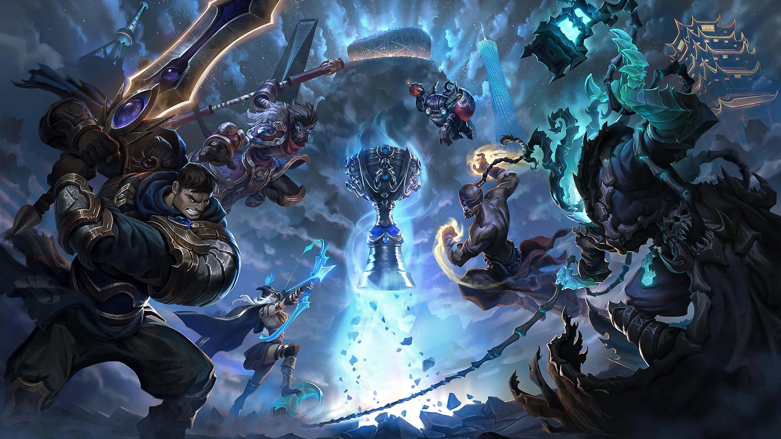 Worlds 2017 Promo (Garen, Wukong, Ashe, Ziggs, Lee Sin & Thresh) HD Wallpaper Background Official Art Artwork League of Legends lol