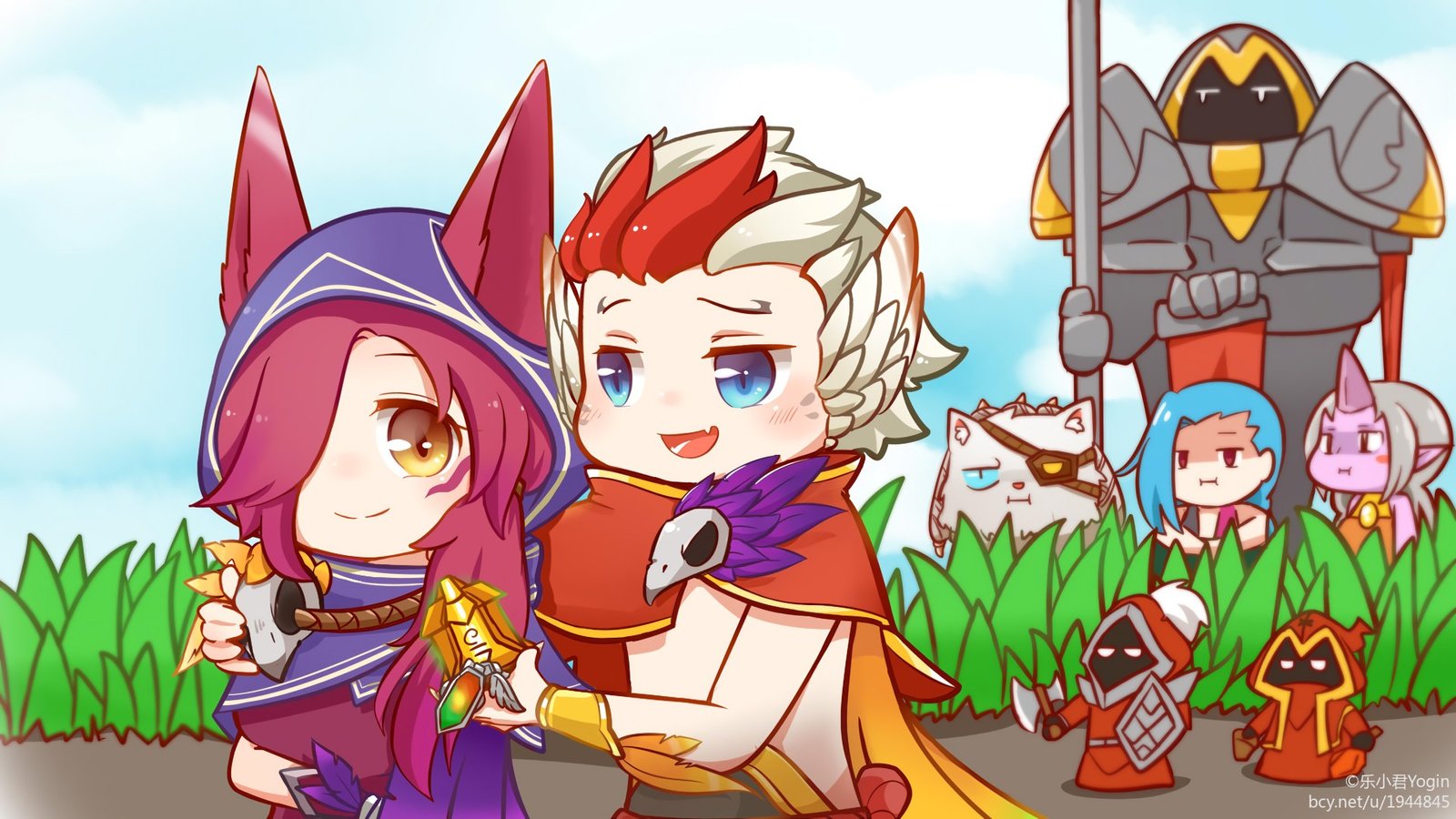 Chibi Xayah, Rakan, Rengar, Jinx & Soraka by 乐小君Yogin HD Wallpaper Fan Art Artwork League of Legends lol