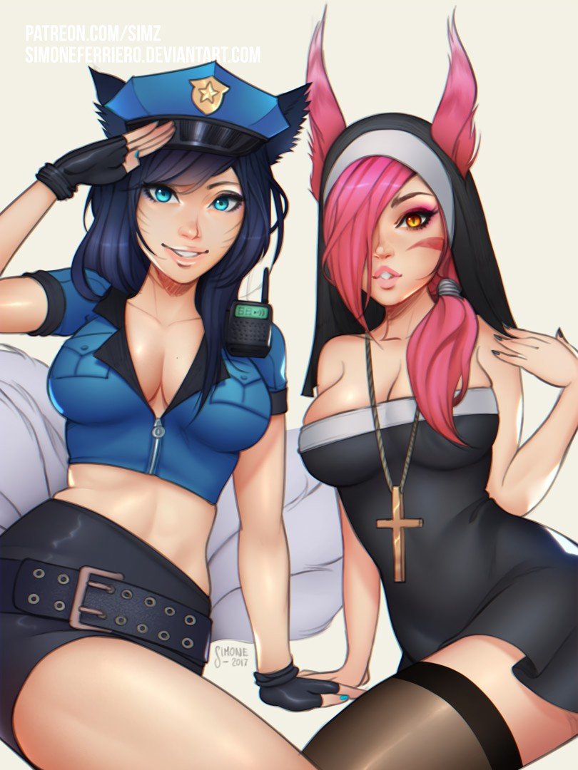Officer Ahri & Nun Xayah by simoneferriero HD Wallpaper Background Fan Art Artwork League of Legends lol
