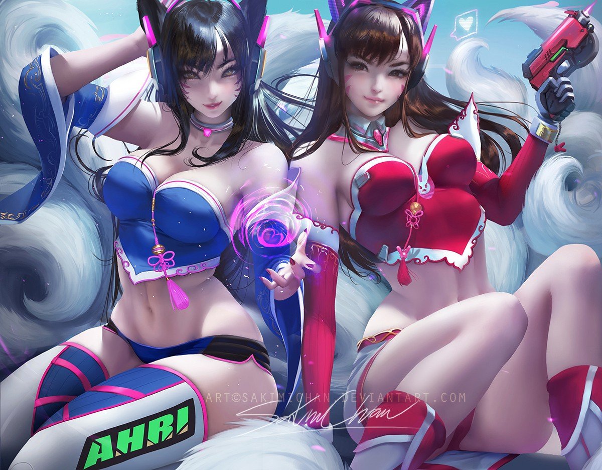 Ahri & D.Va Costume Change by sakimichan HD Wallpaper Background Fan Art Artwork League of Legends lol