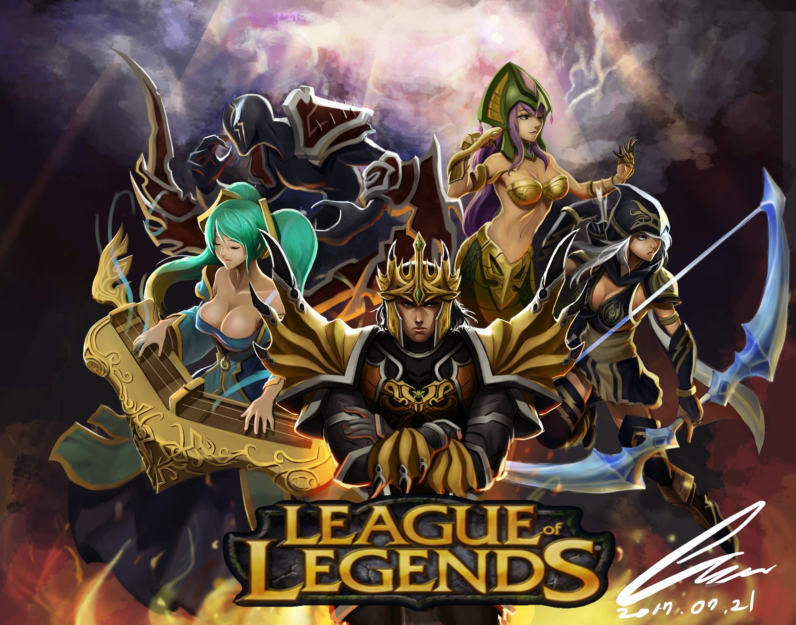 Jarvan IV, Sona, Ashe, Cassiopeia & Nocturne by Oz HD 4k Wallpaper Fan Art Artwork League of Legends lol