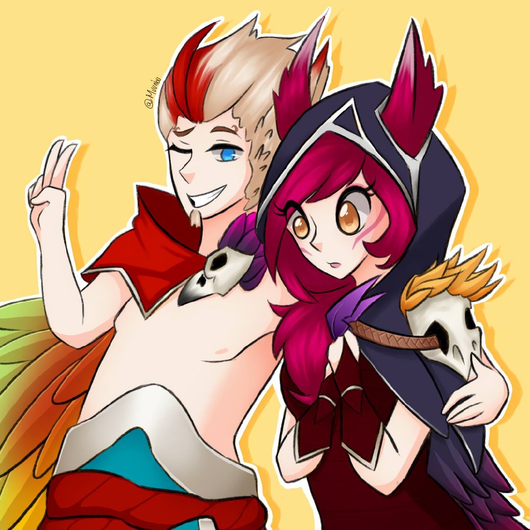Xayah & Rakan by Muunbu HD Wallpaper Fan Art Artwork League of Legends lol