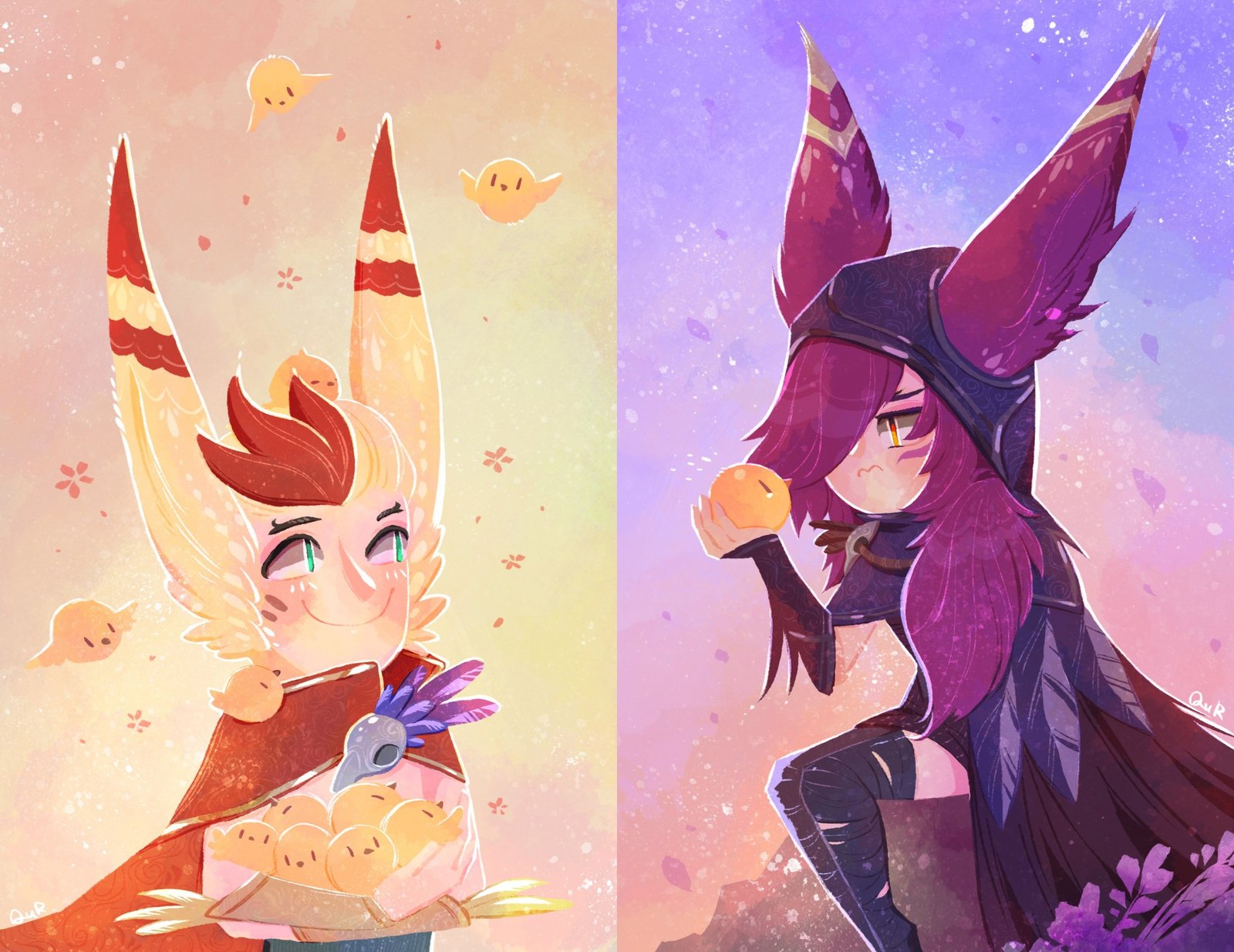 Chibi Xayah & Rakan by qurlee HD Wallpaper Background Fan Art Artwork League of Legends lol