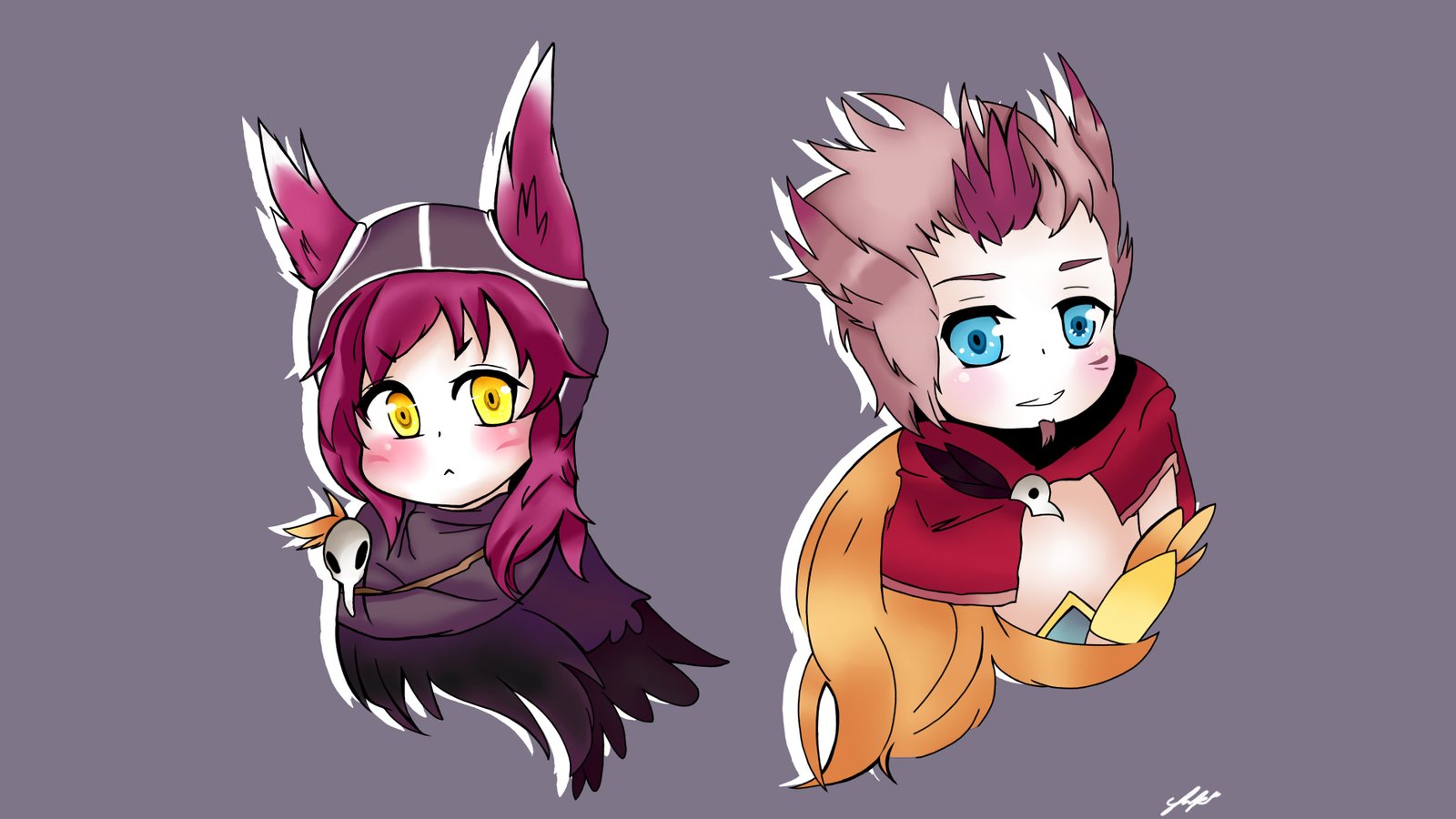 Chibi Xayah & Rakan by SeleneInks HD Wallpaper Fan Art Artwork League of Legends lol