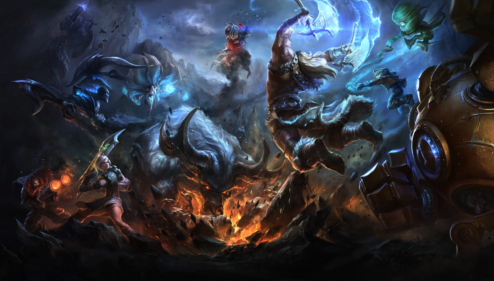 Alistar Vs Olaf Promo (Blitzcrank, Amumu, Ziggs, Alistar, Riven, Nocturne, Graves, Ezreal) HD Wallpaper Background Official Art Artwork League of Legends lol