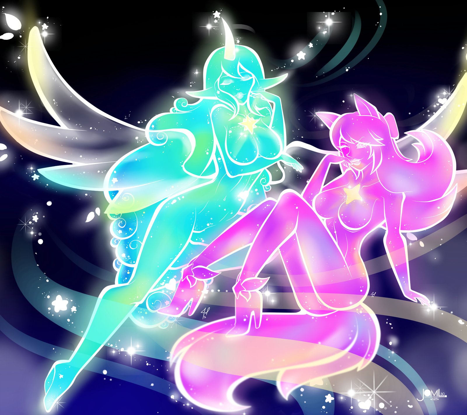 Star Guardian Soraka & Ahri Transformation by JamilSC11 HD Wallpaper Background Fan Art Artwork League of Legends lol