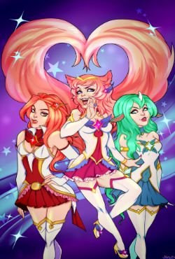 Star Guardian Miss Fortune, Soraka & Ahri by Jiinxi HD Wallpaper Background Fan Art Artwork League of Legends lol