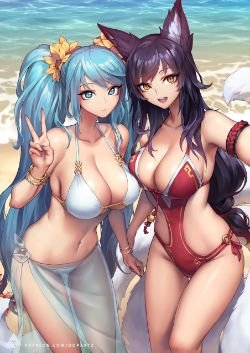 Pool Party Sona & Ahri by OOPARTZ▲ HD Wallpaper Background Fan Art Artwork League of Legends lol