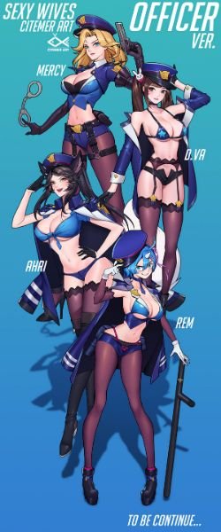 Officer Ahri, D.Va, Mercy & Rem by citemer HD Wallpaper Background Fan Art Artwork League of Legends lol