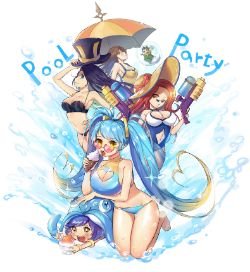 Pool Party Sona, Lulu, Miss Fortune, Caitlyn, Leona & Nami by 치즈스콘 HD Wallpaper Background Fan Art Artwork League of Legends lol
