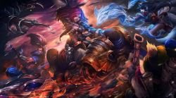 An Epic Battle (Garen, Katarina, Ahri, Yasuo, Nocturne & Teemo) by 로얄포트 HD 4k Wallpaper Background Fan Art Artwork League of Legends lol