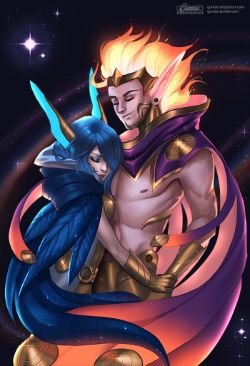 Cosmic Dusk Xayah & Rakan by Gumae HD Wallpaper Background Fan Art Artwork League of Legends lol