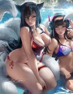 Sexy Pool Party Ahri & D.Va by sakimichan HD Wallpaper Background Fan Art Artwork League of Legends lol