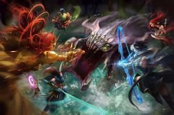 Leona, Yasuo, Teemo, Ashe & Katarina Vs Baron Nashor by koloromuj HD Wallpaper Fan Art Artwork League of Legends lol