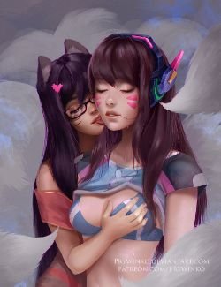 Sexy Ahri x D.Va by Prywinko HD Wallpaper Background Fan Art Artwork League of Legends lol