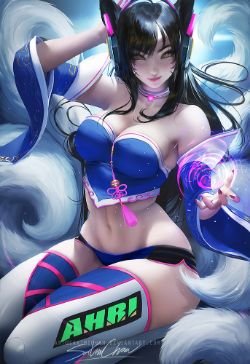 Ahri in D.Va Costume by sakimichan HD Wallpaper Background Fan Art Artwork League of Legends lol