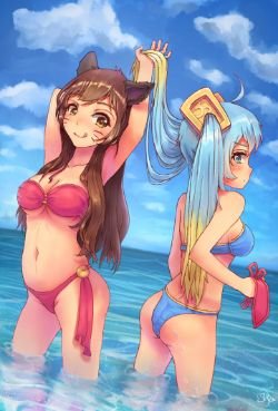 Pool Party Ahri & Sona by 大猫 HD Wallpaper Fan Art Artwork League of Legends lol