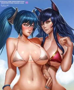 Pool Party Sona & Ahri by BADCOMPZERO (2) HD Wallpaper Fan Art Artwork League of Legends lol