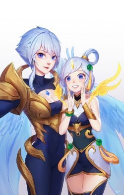 Lunar Empress Lux & Dawnbringer Riven by kezi HD Wallpaper Background Fan Art Artwork League of Legends lol