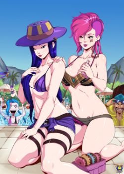 Pool Party Caitlyn, Jinx, Draven, Quinn & Vi by Kyoffie12 HD Wallpaper Artwork Fan Art League of Legends lol