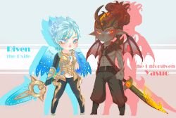 Chibi Dawnbringer Riven & Nightbringer Yasuo by _怪兽 HD Wallpaper Background Fan Art Artwork League of Legends lol