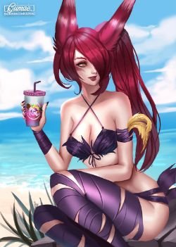 Pool Party Xayah (Skin Concept) by gumae HD Wallpaper Fan Art Artwork League of Legends lol