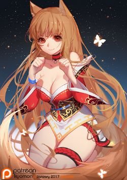 Holo in Ahri Costume by kyomon HD Wallpaper Background Fan Art Artwork League of Legends lol