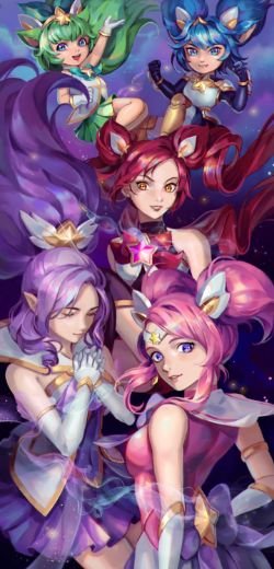 Star Guardian Lux, Janna, Jinx, Lulu & Poppy by シフォン HD Wallpaper Background Fan Art Artwork League of Legends lol
