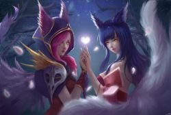 Xayah & Ahri by 咏樱送月 HD Wallpaper Fan Art Artwork League of Legends lol