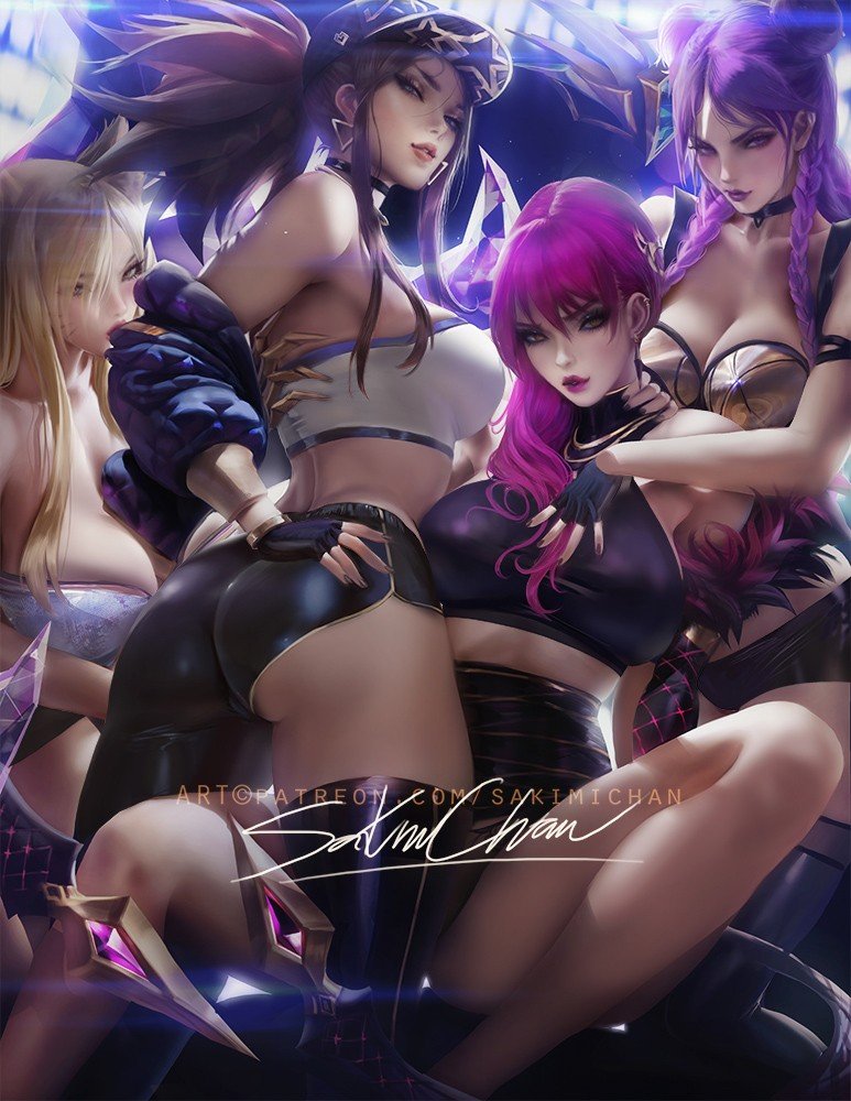 K/DA Ahri, Akali, Evelynn & Kai'Sa by sakimichan (2) HD Wallpaper Background Fan Art Artwork League of Legends lol