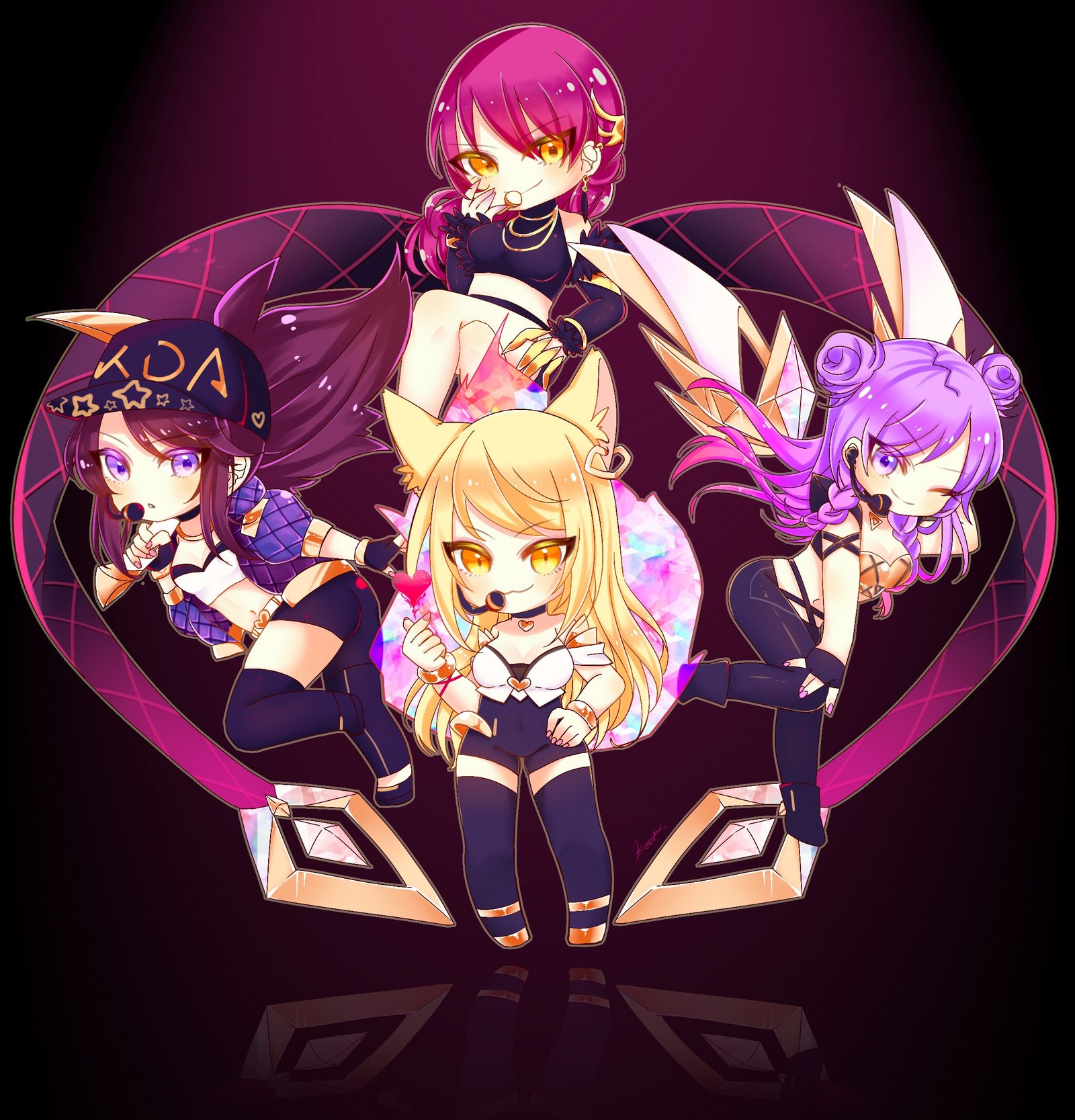 Chibi K/DA Ahri, Evelynn, Kai'Sa & Akali by スズル HD Wallpaper Background Fan Art Artwork League of Legends lol