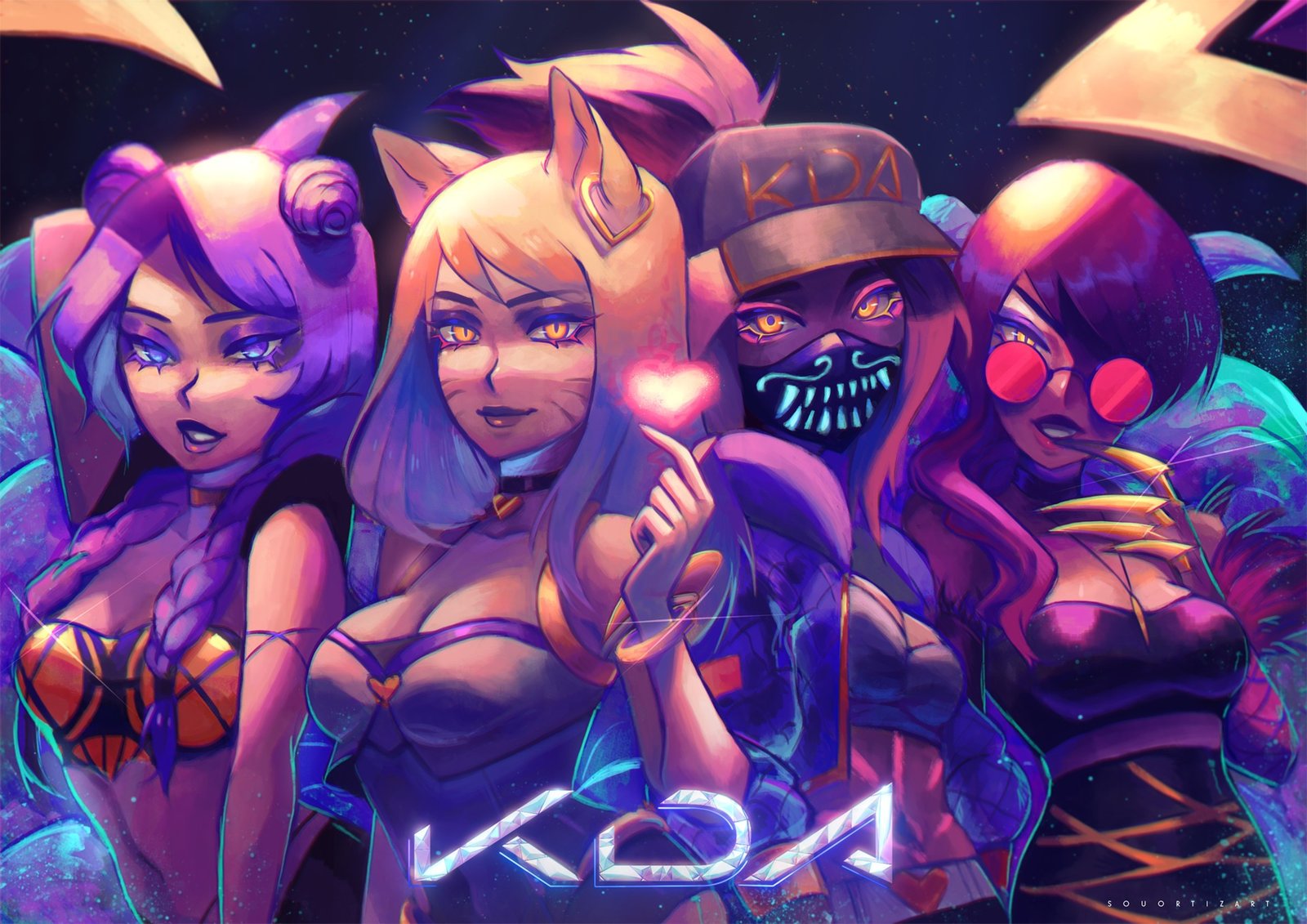 K/DA Kai'Sa, Ahri, Akali & Evelynn by Sou Ortiz HD Wallpaper Background Fan Art Artwork League of Legends lol