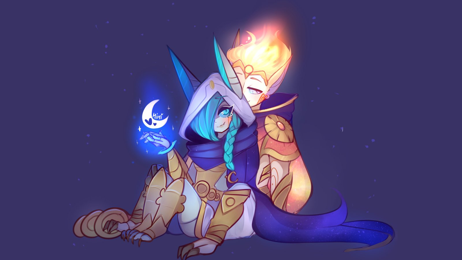 Cosmic Dusk Xayah & Cosmic Dawn Rakan MidoriNemurase HD Wallpaper Fan Art Artwork League of Legends lol